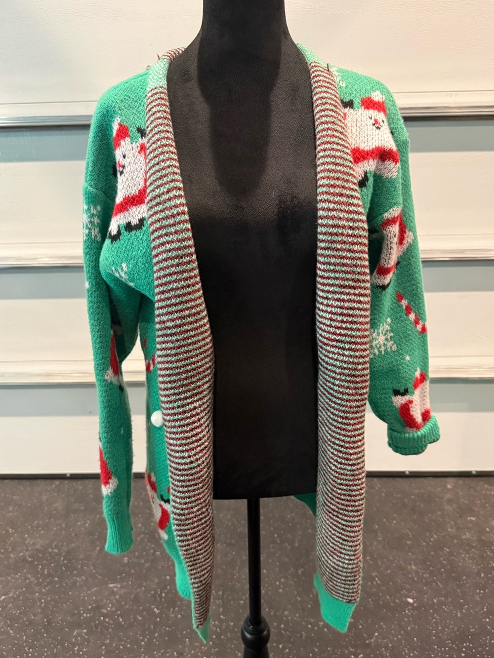 Green Santa Pattern Open Cardigan Sweater